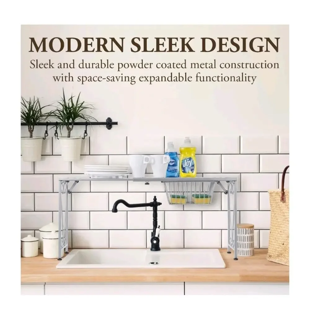 Expandable Silver Metal Over Sink Organizer Shelf with Pull-Out Drawer, Kitchen